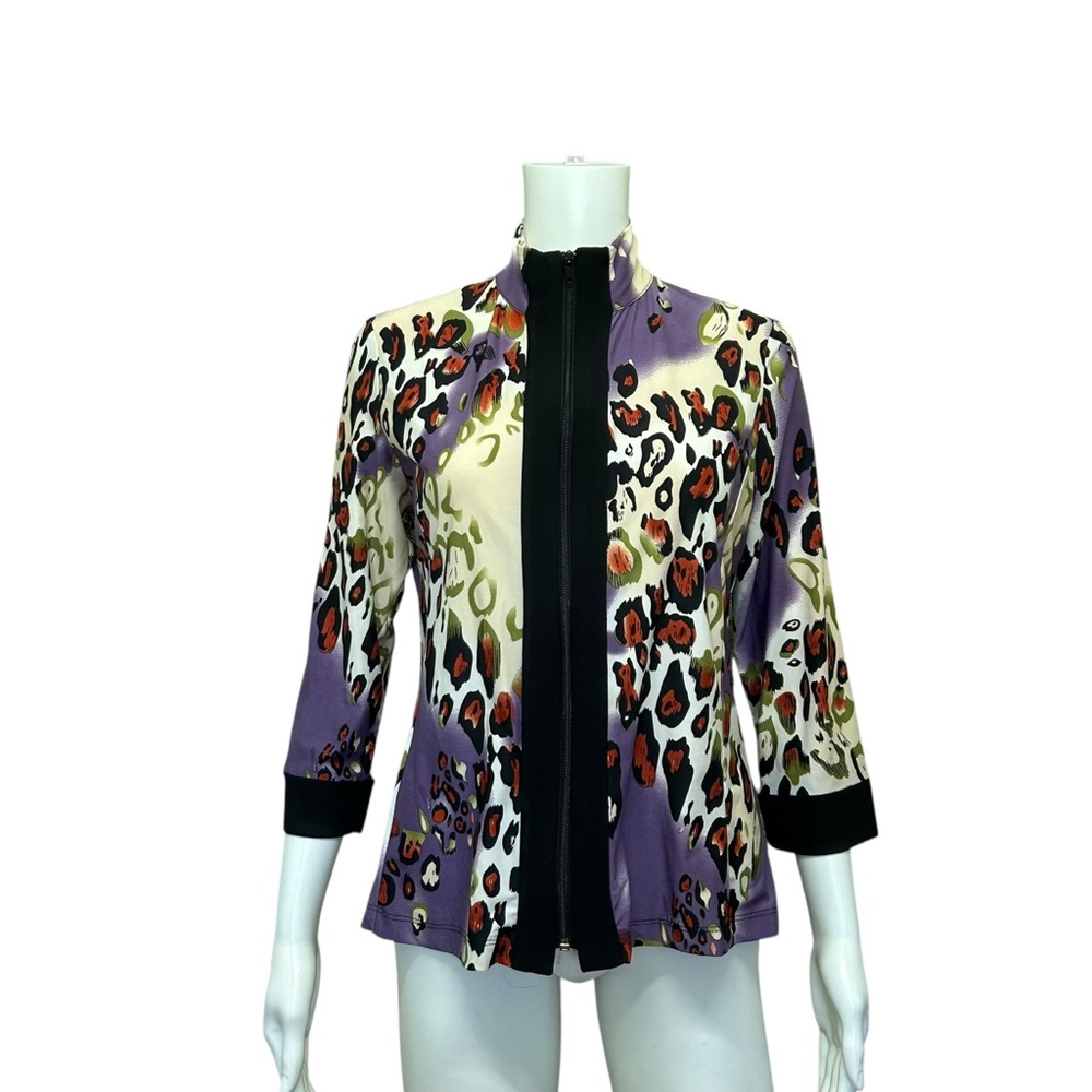 Caribe Purple Leopard Animal Print Black Trimmed 3/4 Sleeve Jacket Size S